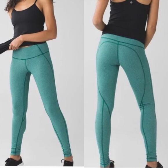 Lululemon Women’s Wunder Under Heathered Wee Stripe Menthol Green Leggings Sz 10 - Picture 1 of 11